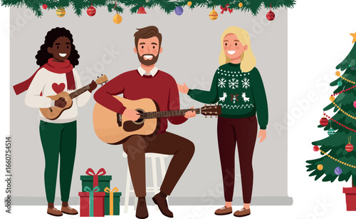Group of friends playing guitar and singing Christmas carols indoors festive celebration 