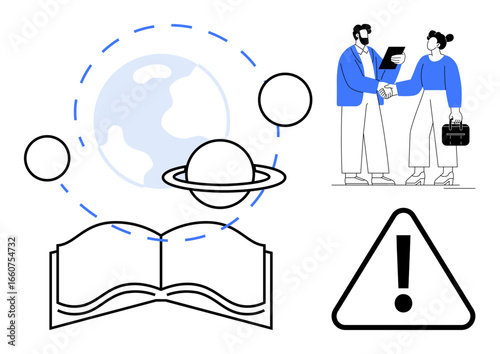 Planet Earth, open book, business handshake, planetary orbit, warning sign. Ideal for education, global awareness, teamwork, business professional development information sharing responsibility