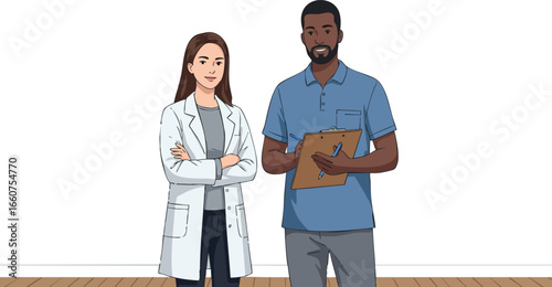 Diverse medical professionals collaborating standing with clipboard and lab coat vector illustration 