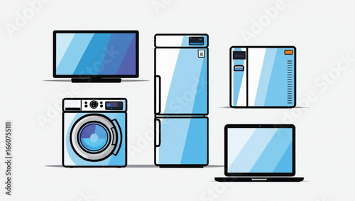Flat design illustration of home appliances and electronics in blue and white technology refrigerator