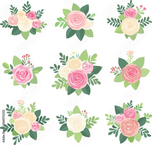 Vector rose bouquet set in pastel colors, isolated on white