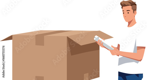 Man unpacking large cardboard box with white shirt and blue pants vector illustration 