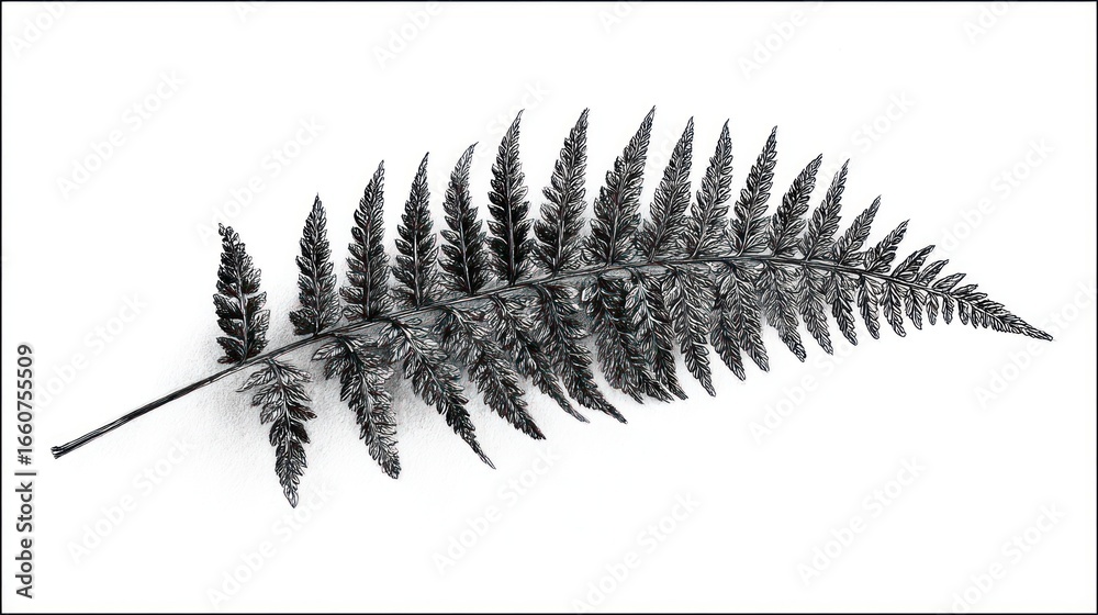 Obraz premium Detailed black & white fern frond with textured leaflets on white
