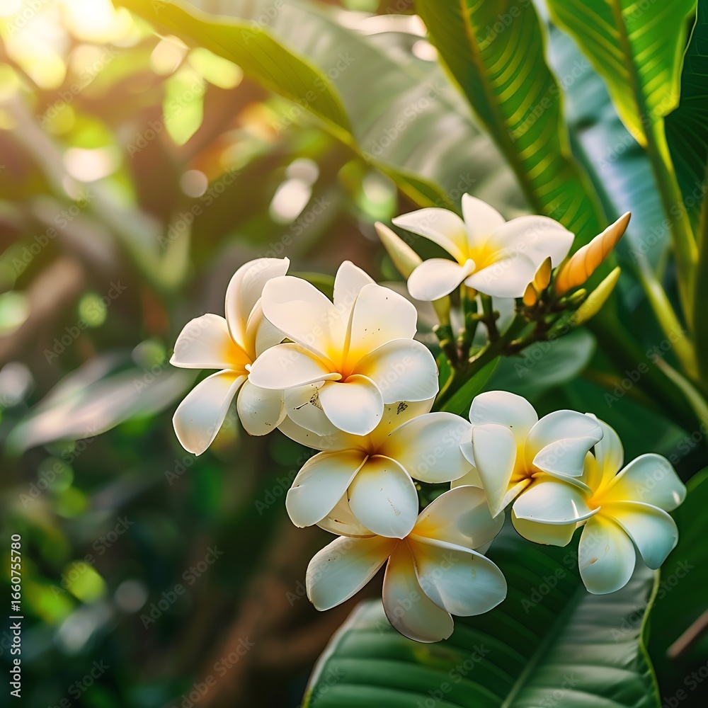 Naklejka premium White frangipani flowers blooming on tree with sunlight.