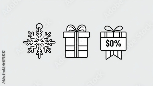 Snowflake and gift box icons with zero percent discount symbol present ribbon