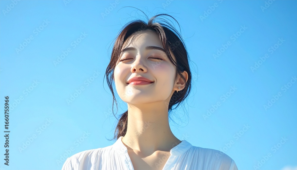 Fototapeta premium 快晴の中で髪を風になびかせた若い日本人女性,A young Japanese woman with her hair blowing in the wind under a clear blue sky. 
