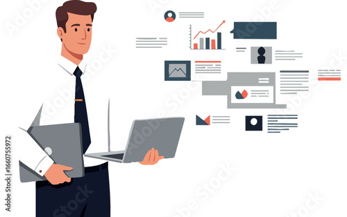 Businessman using laptop for data analysis with charts and graphs vector illustration 