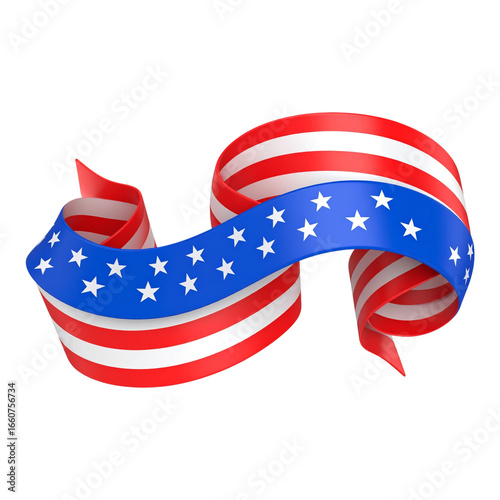 A stylized, waving ribbon banner in the colors of the American flag.