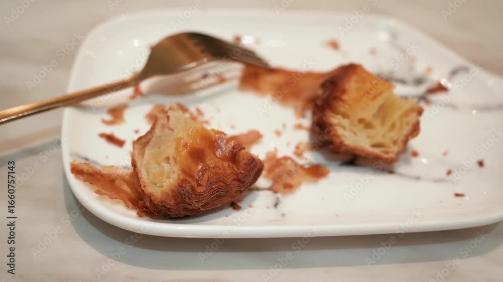 Close-up of an unfinished pastry on a white plate with fork on a table. The image evokes feelings of enjoyment, indulgence, and relaxation in a modern and minimalistic cafe environment. Close-up of an unfinished pastry on a white plate with fork on a table. The image evokes feelings of enjoyment, indulgence, and relaxation in a modern and minimalistic cafe environment.