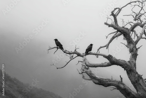 Two crows perched on barren tree branch, foggy landscape