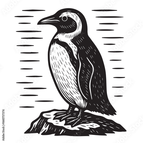Penguin on Rocky Surface in Linocut Woodcut Print Style