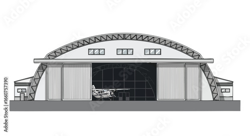 Detailed illustration of an aircraft hangar with a small plane inside offering a glimpse into the world of aviation and aviation infrastructure