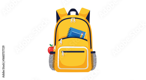 Illustration of a Vibrant Yellow School Backpack with Educational Supplies on Isolated White Background