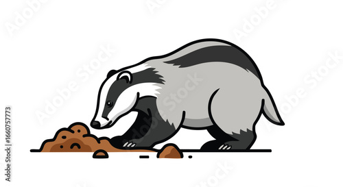 Cartoon Badger Inspecting a Mound of Dirt: Stylized Wildlife Illustration for Children and Nature Enthusiasts