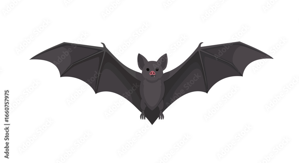 Fototapeta premium Cartoonish depiction of a gray bat with outstretched wings flying in a cartoon vector illustration style