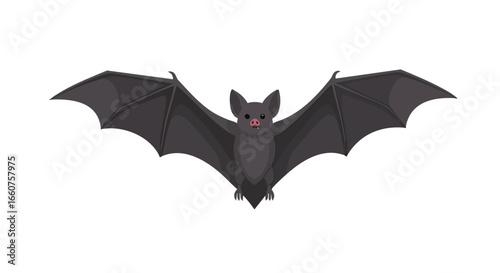 Cartoonish depiction of a gray bat with outstretched wings flying in a cartoon vector illustration style
