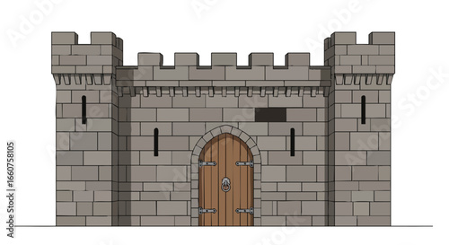 Illustration of a Medieval Castle Gatehouse with Stone Walls and Wooden Door, Depicting Historical Architecture and Fortification 94 characters