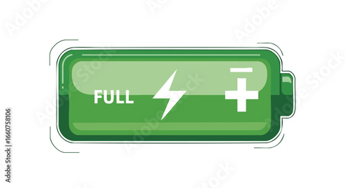 Vibrant green battery icon illustrating a fully charged state for electronic devices, symbolizing power and readiness for immediate use in various