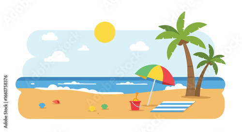 Stylized beach scene illustration with palm trees, sun, umbrella and ocean waves offers a clean summer vibe and vacation getaway feel for design