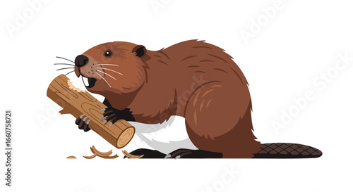 Cartoon style beaver illustration chewing a log with wood shavings, isolated against a white background in a vector format art work design