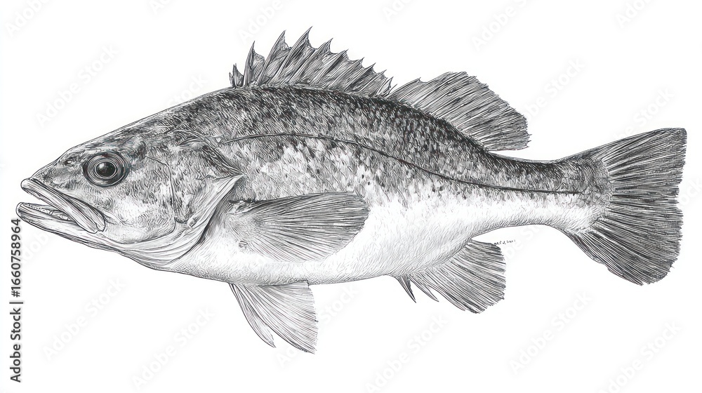 Obraz premium Realistic pencil drawing of a largemouth bass fish in side profile