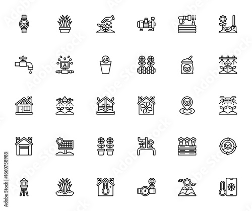 Smart irrigation icon set. Modern vector illustrations. Includes symbols for smartwatch, plant pot, pump, water hose, farming, sprinkler, greenhouse, drone, and more. Editable stroke.
