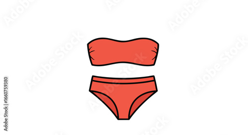 Stylish coral bandeau bikini set illustration with sleek black outlines, perfect for summer beach vibes and vacation essentials presented on a clean