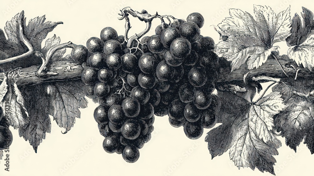 Fototapeta premium Black and white image of grape vine with leaves and clusters of grapes