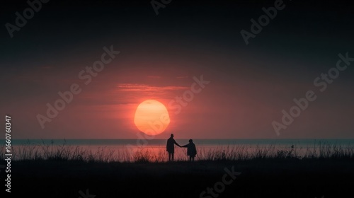 The silhouette of a figure extending a hand to another, against a backdrop of a setting sun