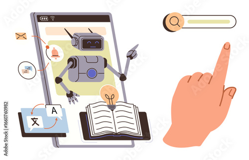 Robot engaging with messages, language translation, and books on a mobile screen, guiding user via search interface. Ideal for education, technology, AI, learning, research innovation efficiency