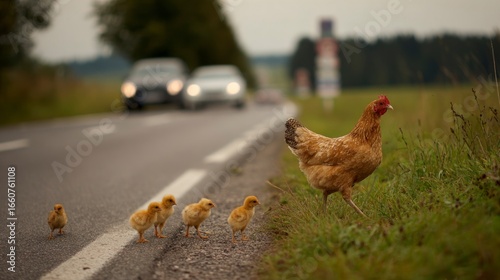 Hen and chicks crossing road