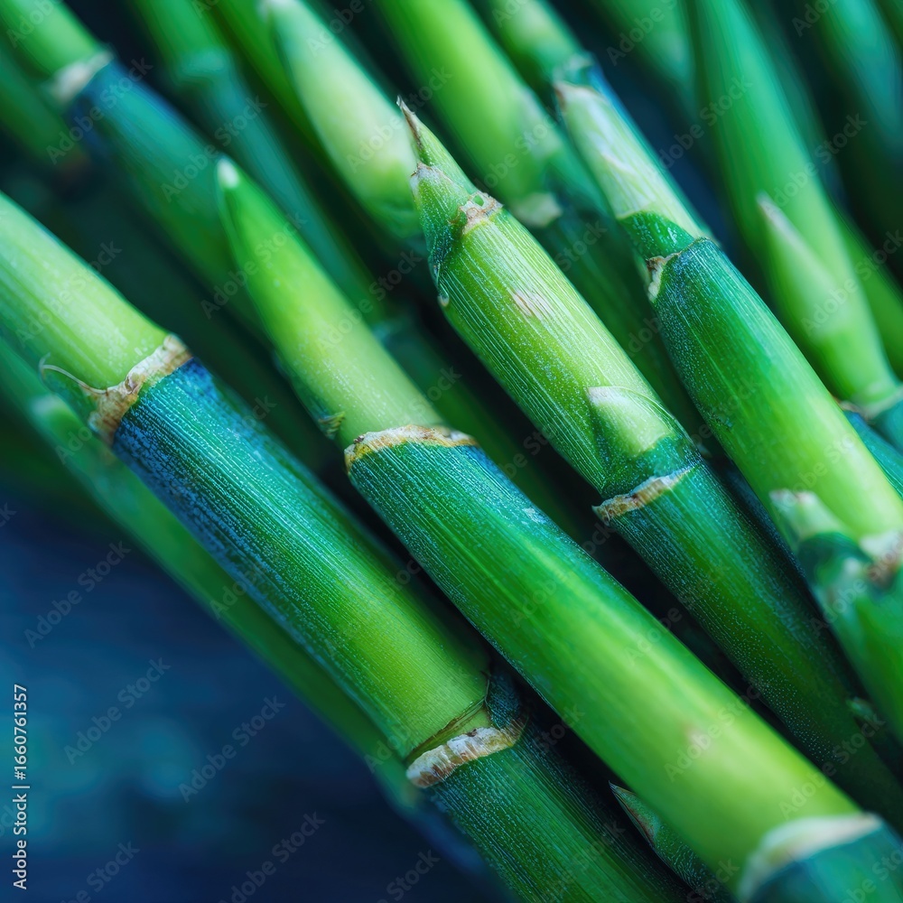 Fototapeta premium Close-up of vibrant green bamboo stalks, angled, textured details, natural light