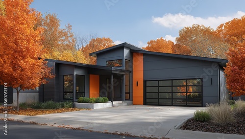 Modern house exterior with dark gray and orange accents and open garage door in autumn setting