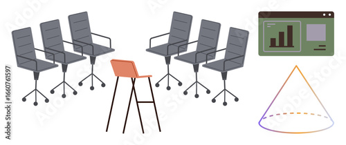 Office chairs and a high stool arranged in a meeting setup, accompanied by a screen with data charts and a colorful geometric cone. Ideal for workplace, teamwork, creativity, analysis, design