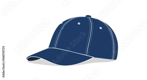 Stylish vector illustration of a blue baseball cap with white lines on a white background showing the side view of the cap