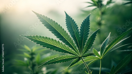 Closeup of a vibrant green cannabis leaf in a field of hemp plants