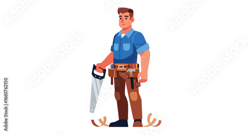 Craftsman Character Illustration: A Skilled Worker with Hand Saw Ready for Woodworking Projects, showcasing expertise, precision and dedication in