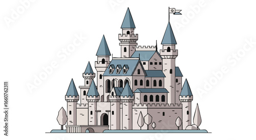 Majestic Cartoon Castle Illustration with Intricate Architectural Details and Neutral Color Palette Depicting a Whimsical Fortress, a fantasy