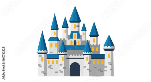 Whimsical Blue-Topped Castle Illustration Representing Fairy Tales and Childhood Dreams, Isolated on White Background