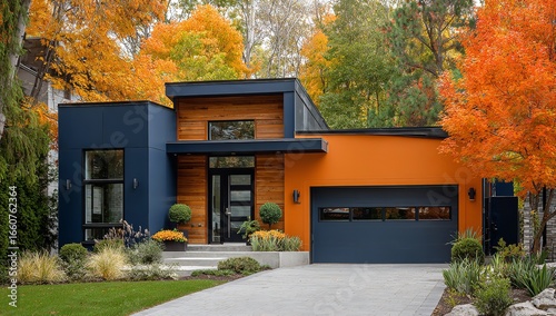 Fototapeta Naklejka Na Ścianę i Meble -  Modern house exterior with dark gray and orange accents and open garage door in autumn setting
