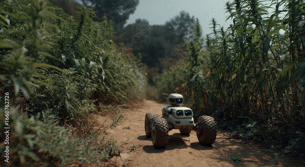 Fototapeta premium Robot Vehicle Moving in Crop Field: Shows agritech application, ideal for smart farming, agricultural robotics, or rural tech visuals.