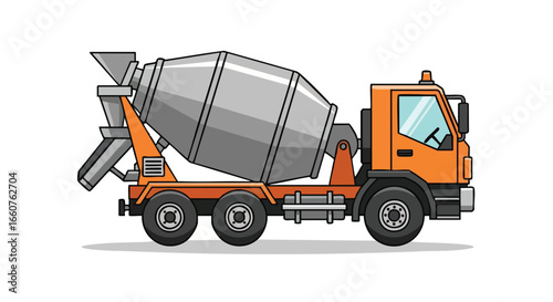 Illustrated concrete mixer truck with bold outlines against a stark white backdrop, construction equipment for construction sites, cement material