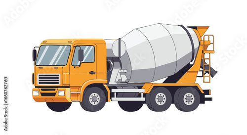 Stylized Illustration of a Yellow and Gray Concrete Mixer Truck on a White Background