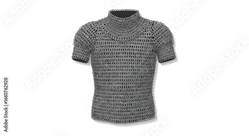 Digitally rendered chainmail shirt, showcasing meticulous detail in metallic interwoven rings, highlighting medieval armor craftsmanship for