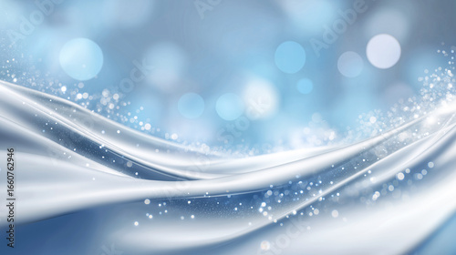 Elegant silver silk waves with sparkling glitter and soft bokeh lights on a blue background. Ideal for luxury branding, festive design, or abstract backgrounds.