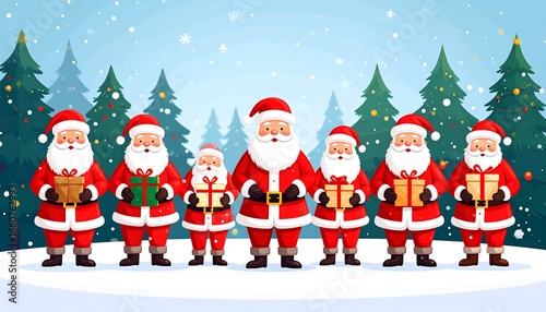 Cartoon Santa Claus figures in a winter landscape, holding gifts