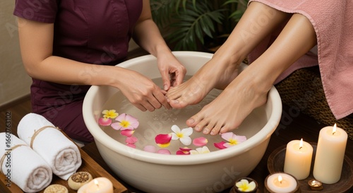 Womans feet soaked in spa basin