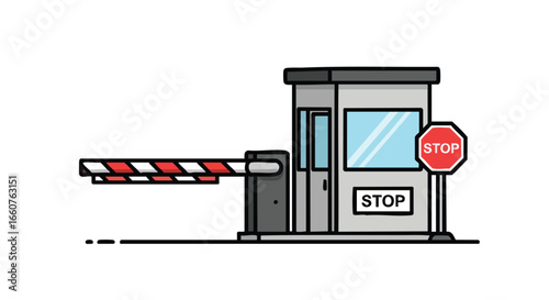 Stylized toll booth illustration showcasing entry control with a barrier arm and prominent stop signage conveying a sense of regulated access