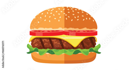 Delicious Burger Illustration with Classic Toppings Isolated on White Backdrop Shows Culinary Treat and Food Concept