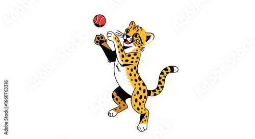 Playful cheetah animation catching a red ball, presented on a white backdrop, capturing a delightful moment of playful interaction and agility